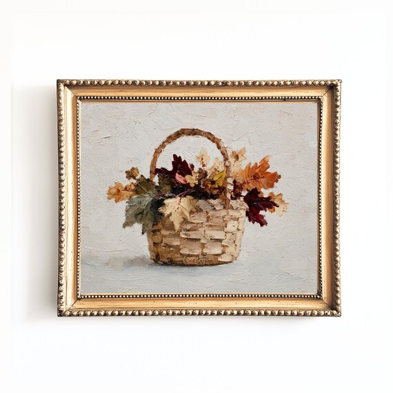 Fall Leaves Basket Still Life Art Print Rustic Thanksgiving Decor