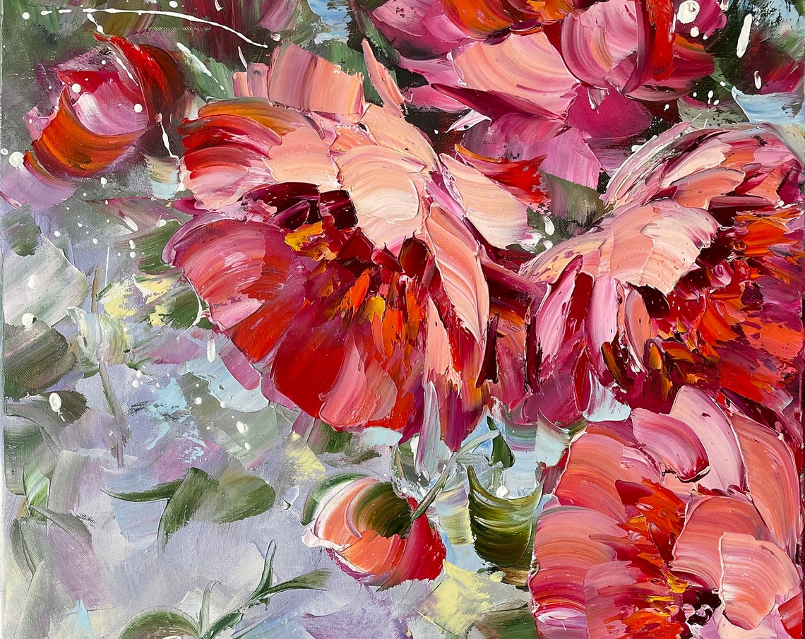 Red Peonies Painting Original Art Flowers Small Painting Red Floral Small Art For Kitchen Wall 12x20 Art Peony Flower Oil Painting On - Image 3