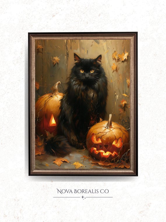 Halloween Black Cat With Glowing Eyes Spooky Autumn Decor Vintage Pumpkin Painting Wall Art Festive Fall 16