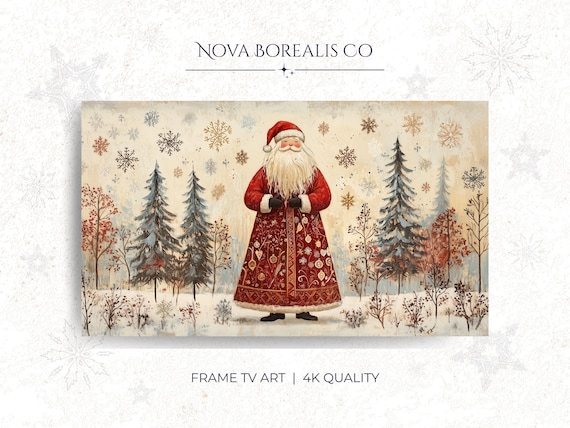 Vintage Santa in Snowy Pine Forest Scandinavian Folk Wall Art