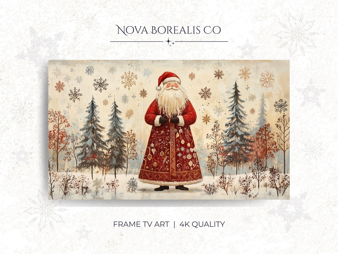 Vintage Santa in Snowy Pine Forest Scandinavian Folk Wall Art