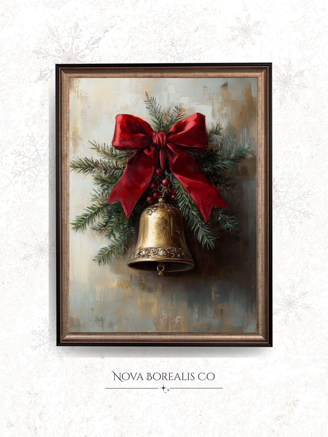 Vintage Christmas Bell Red Bow Pine Branches Classic Holiday Poster
