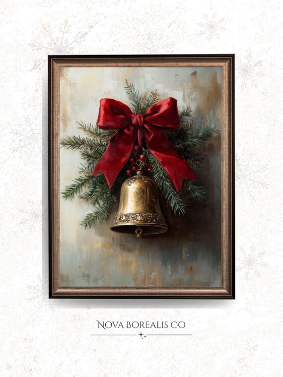 Vintage Christmas Bell Red Bow Pine Branches Classic Holiday Poster