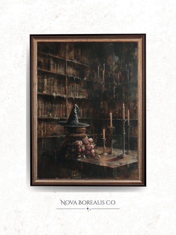 Vintage Gothic Library Interior Moody Art Dark Bookshelves At Dusk Antique Candlelit Scene Wall Decor 48