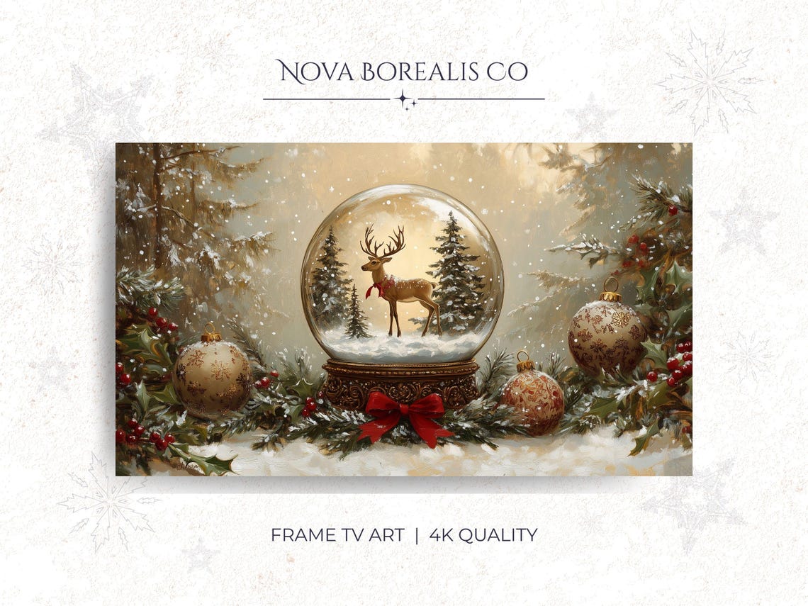Vintage Snow Globe Stag Deer Ornaments Rustic Christmas TV Art Poster