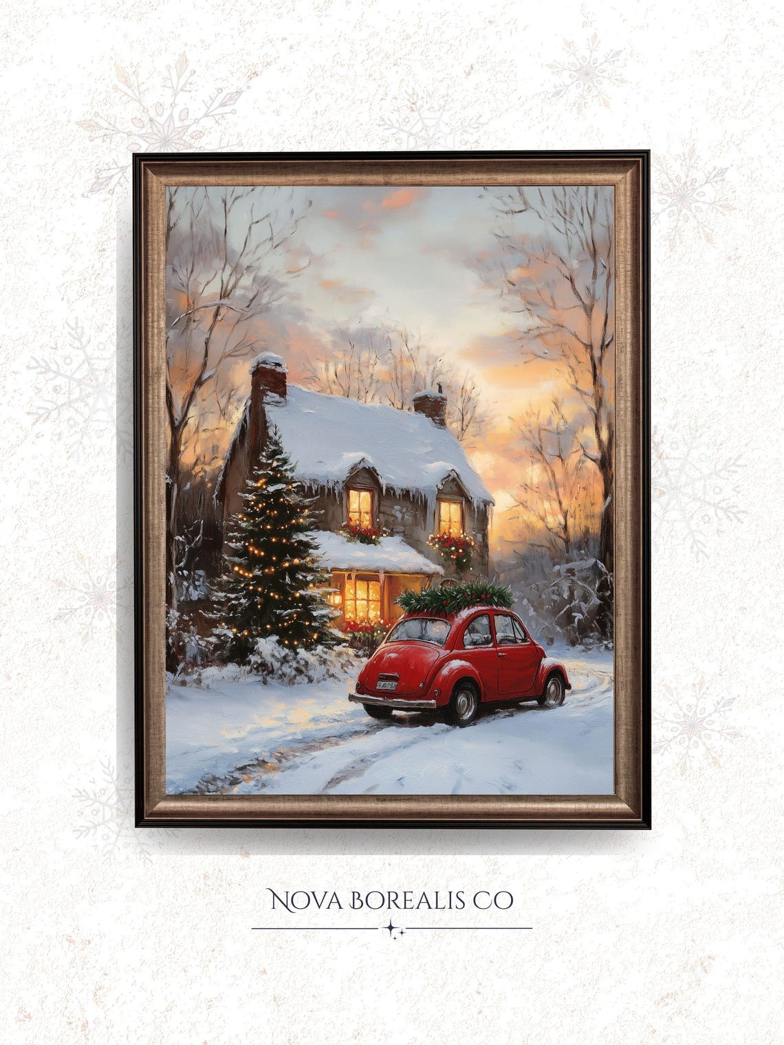 Vintage Red Car Snowy Christmas Cottage Cozy Winter Scene Poster