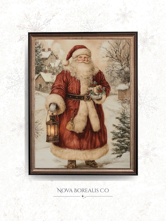Vintage Santa Claus With Lantern Snowy Village Christmas Art Poster