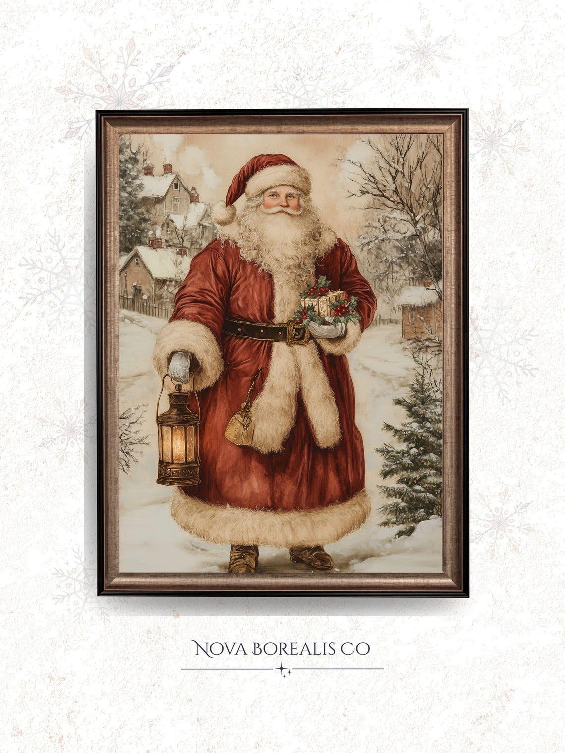 Vintage Santa Claus With Lantern Snowy Village Christmas Art Poster