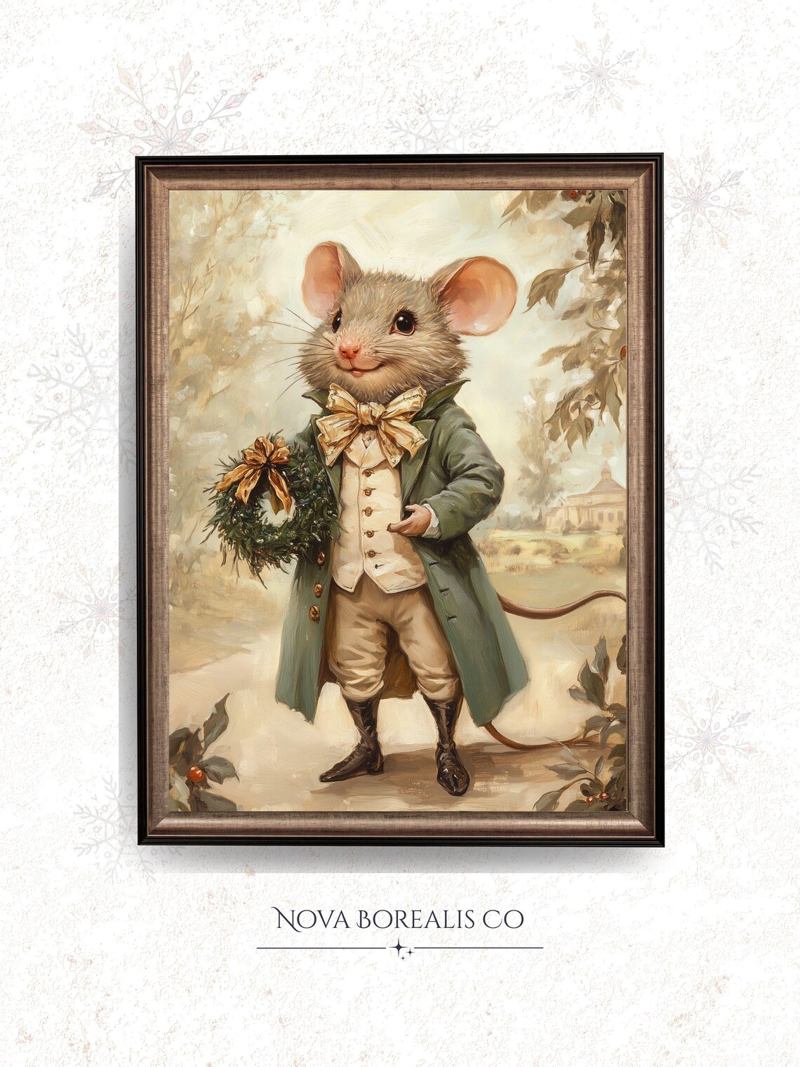 Vintage Christmas Mouse Holiday Art Print, Rustic Decor