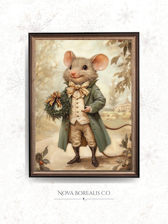 Vintage Christmas Mouse Holiday Art Print, Rustic Decor