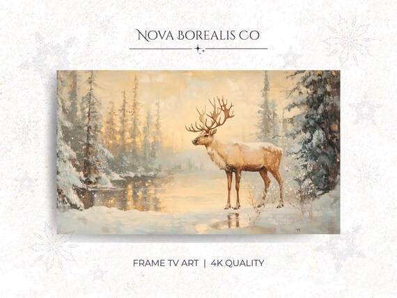 Majestic Reindeer in Snowy Forest Golden Winter Landscape Art Poster