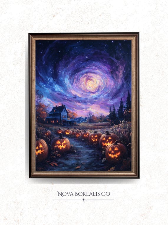 Moody Pumpkin Patch Spooky Landscape Painting Glowing Starry Sky Art Rustic Autumn Wall Decor Halloween 43