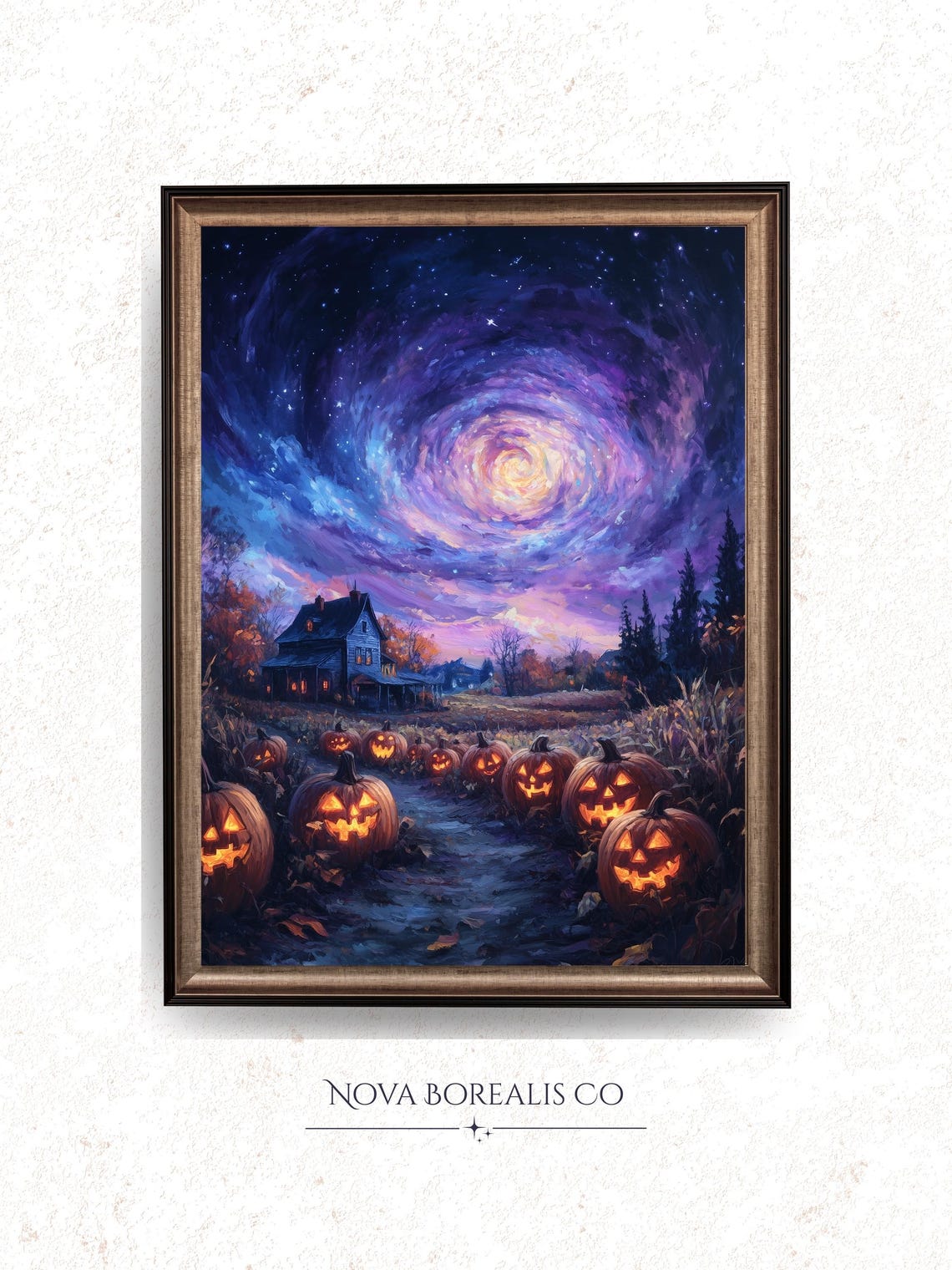 Moody Pumpkin Patch Spooky Landscape Painting Glowing Starry Sky Art Rustic Autumn Wall Decor Halloween 43
