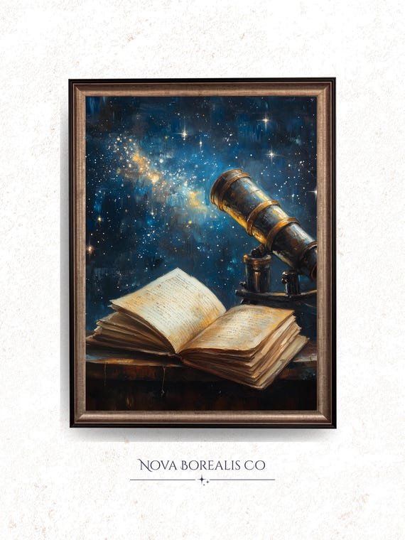 Telescope Starry Night Book Painting Poster Vintage Astronomy Sky Art