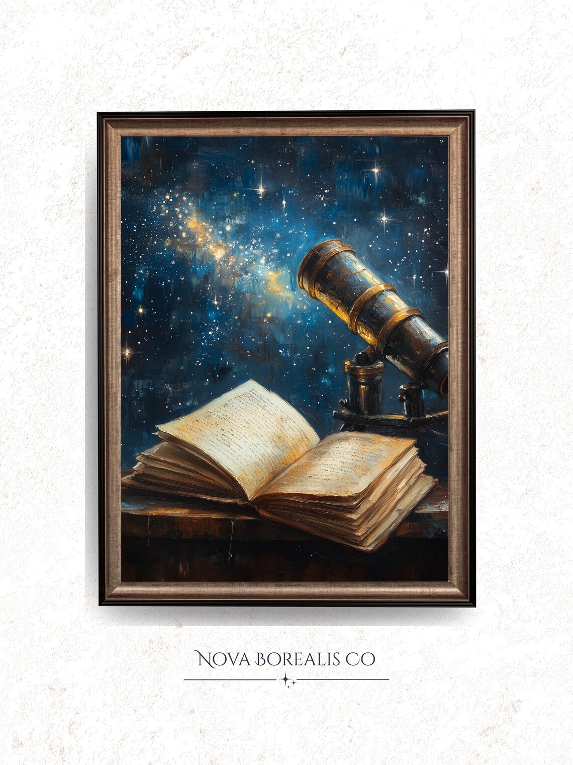 Telescope Starry Night Book Painting Poster Vintage Astronomy Sky Art