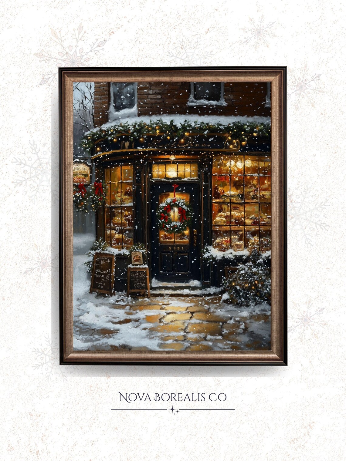 Vintage Snowy Bakery Storefront Glowing Windows Holiday Night Art Poster