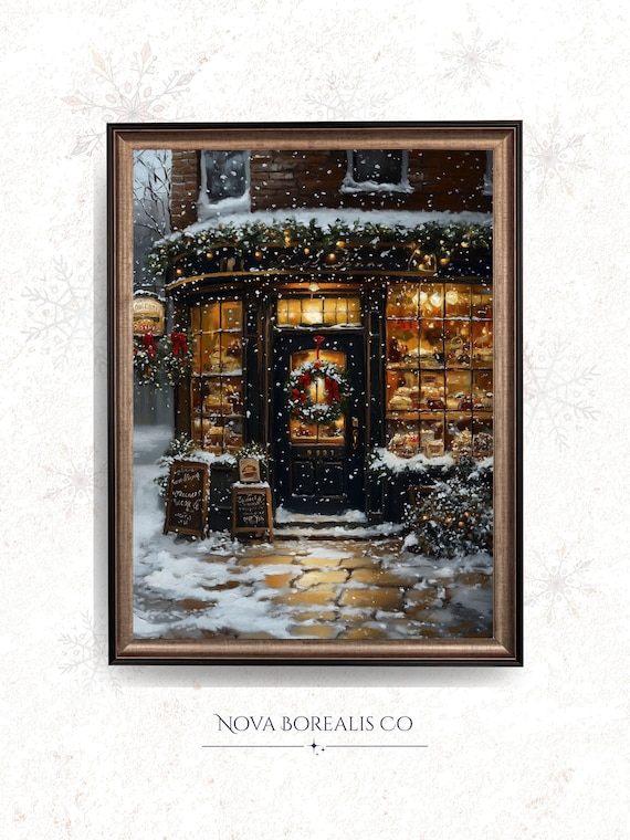Vintage Snowy Bakery Storefront Glowing Windows Holiday Night Art Poster