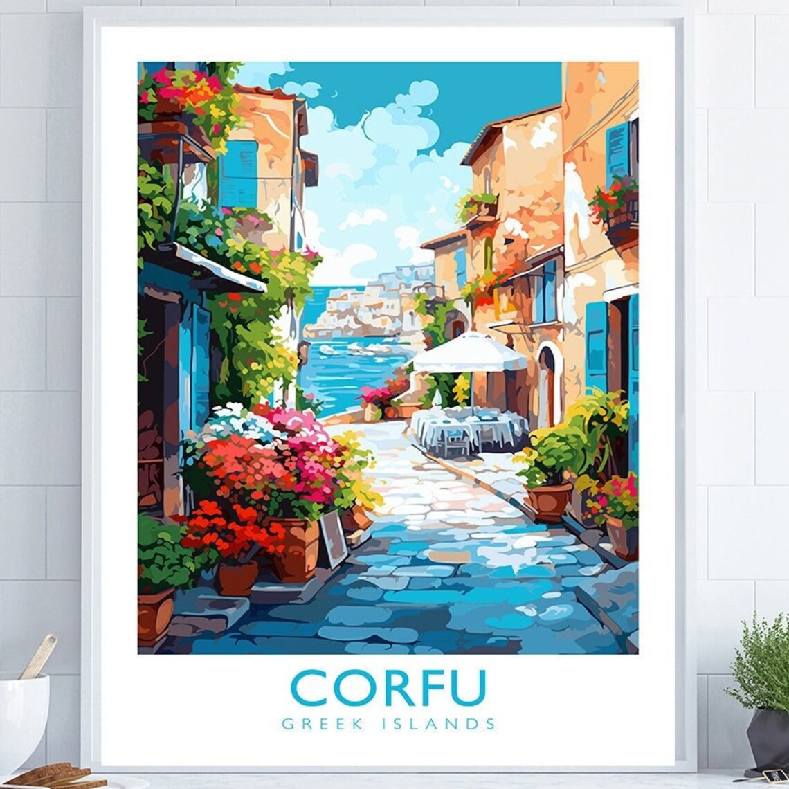 Corfu Greek Islands Cobblestone Street Floral Coastal Travel Poster