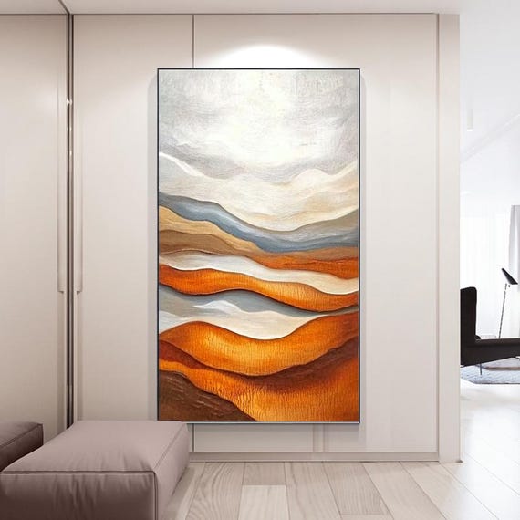 Hand Painted Abstract Oil Painting Mountain And River Landscape Nature Wall Art For Living Room Entryway Dining Room