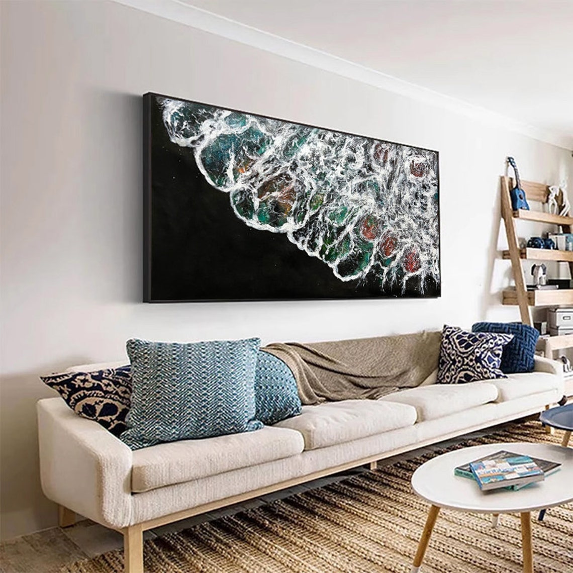 Ocean Foam Waves Swirling On Dark Background Aerial View Art Poster - Image 2