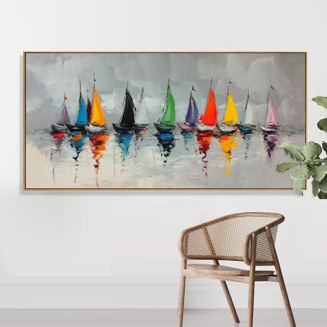Colorful Rainbow Sailboats on a Calm Grey Sea Nautical Poster