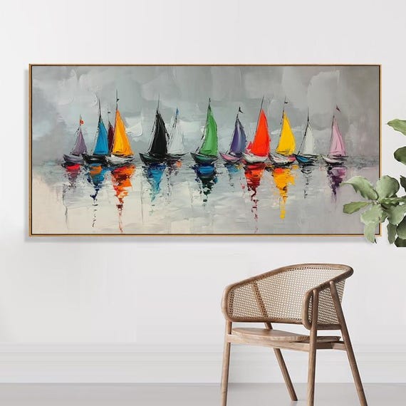 Hand Painted Abstract Oil Painting Gray Sky Colorful Sailboats Textured Layered Art For Living Room Entryway Dining Room