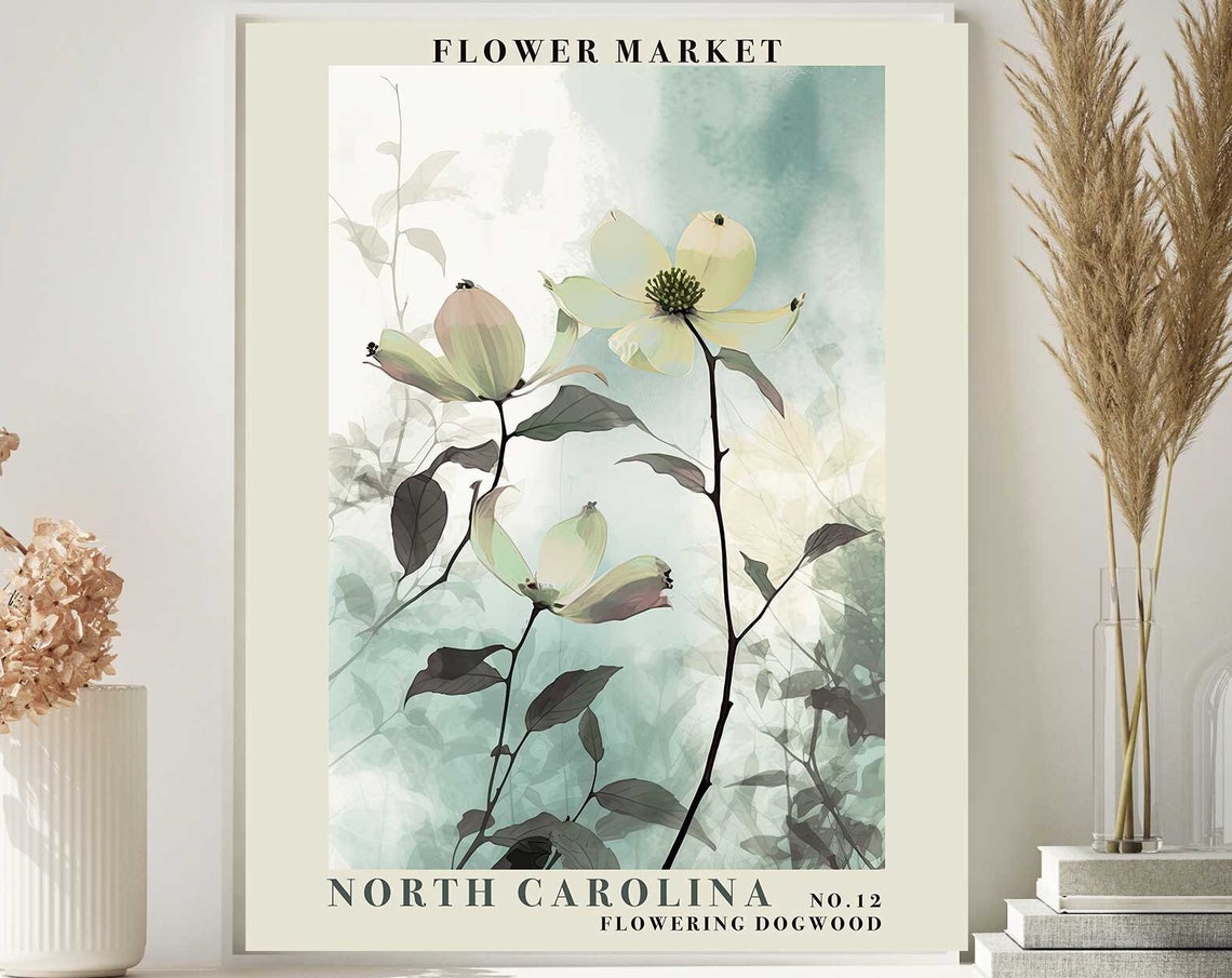 North Carolina Flowering Dogwood Watercolor Spring Botanical Poster