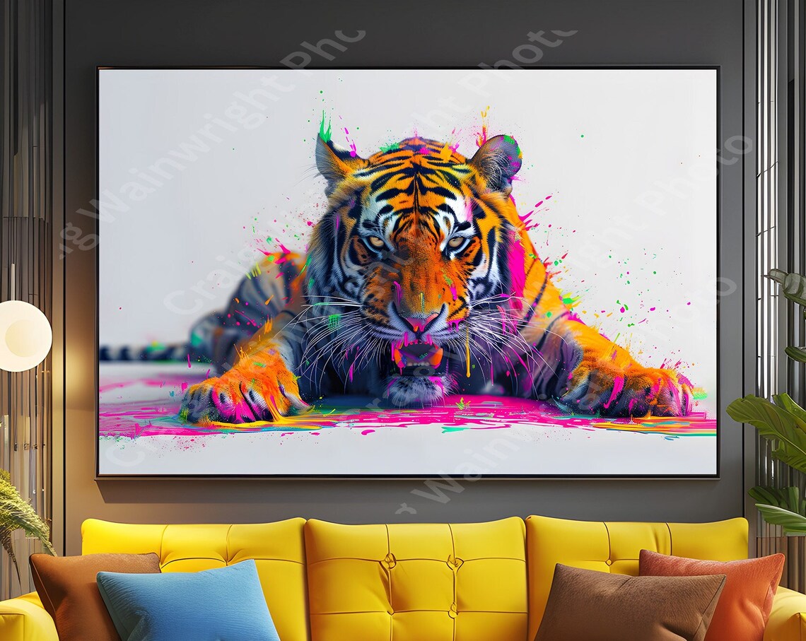 Tiger Orange Green Splash Painted Prowling Big Cat Art Poster