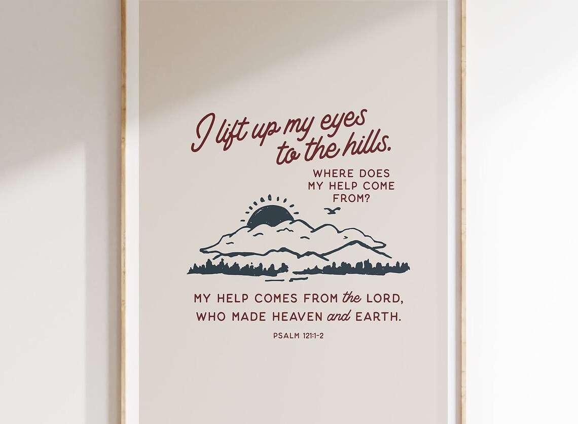 Psalm 121 Vintage Retro Mountain Sketch Art Print - Image 3