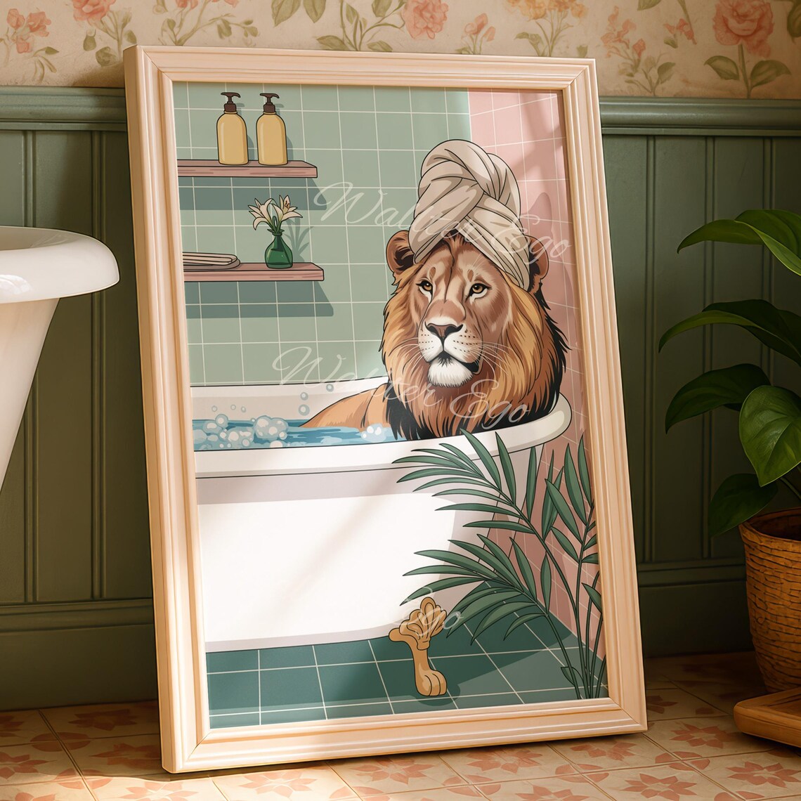 Lion Taking A Bath Bathroom Wall Print Funny Home Decor Trendy New Gifts