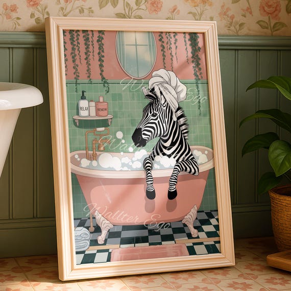 Zebra Taking A Bath Bathroom Wall Print Funny Home Decor Trendy New Gifts