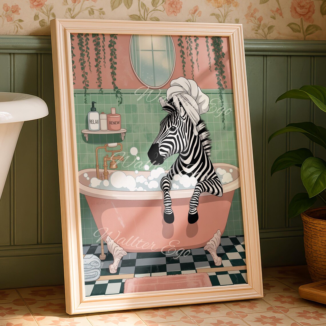 Zebra Taking A Bath Bathroom Wall Print Funny Home Decor Trendy New Gifts