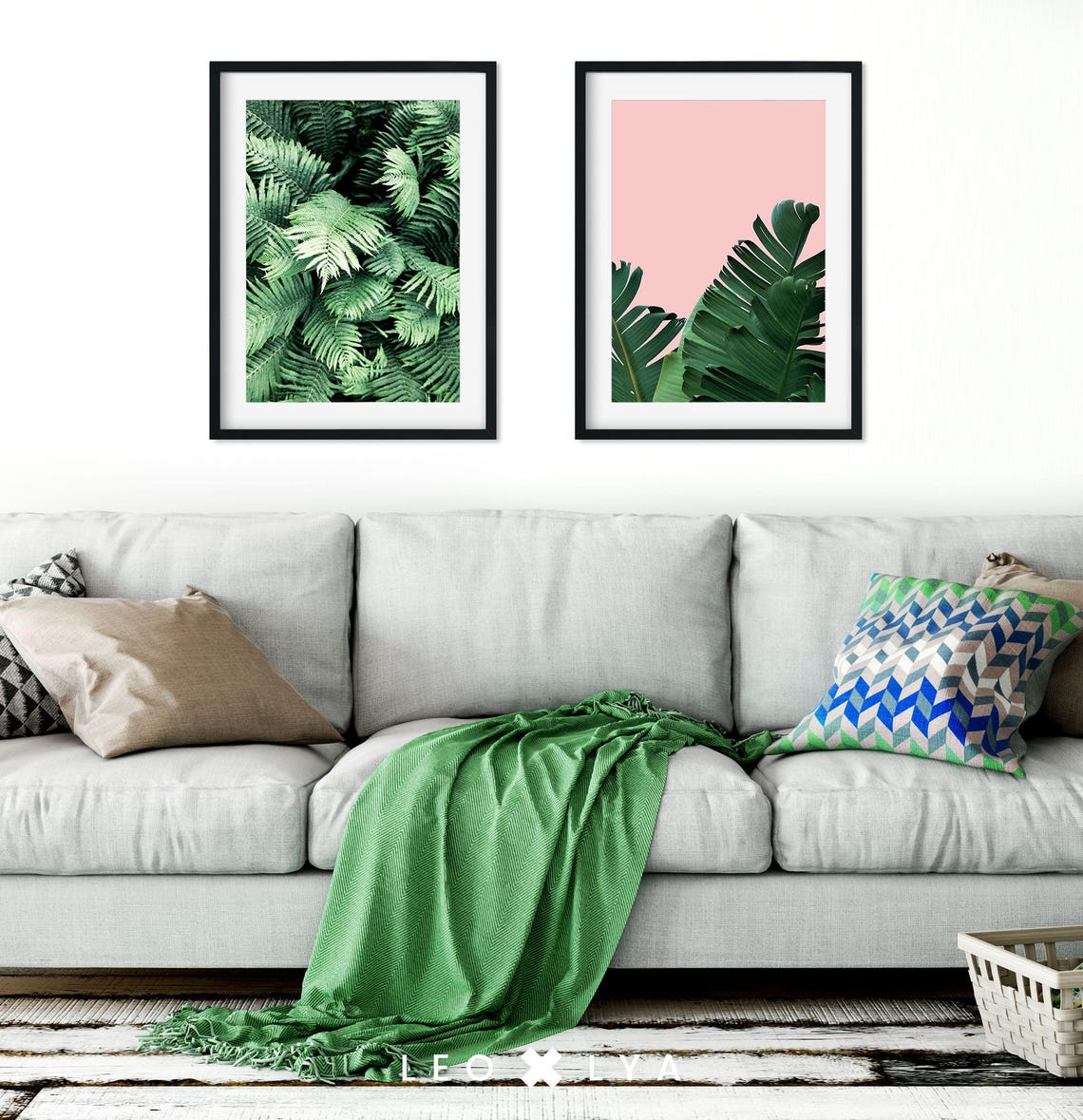 Fern And Pink Banana Leaf Tropical Botanical Photo Pair of 2 Wall Art