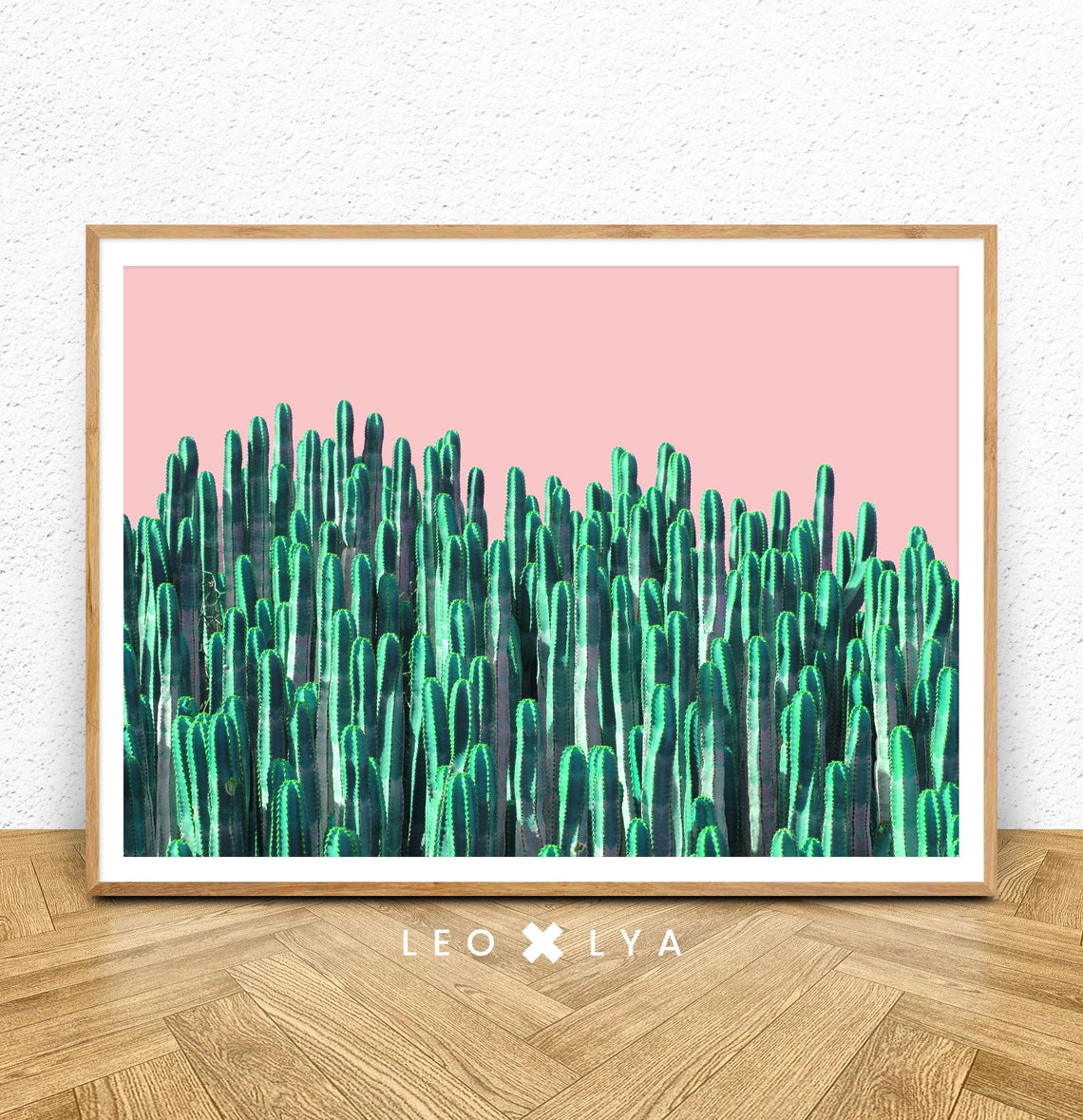 Green Cacti Rows Pink Background Modern Desert Style Wall Poster