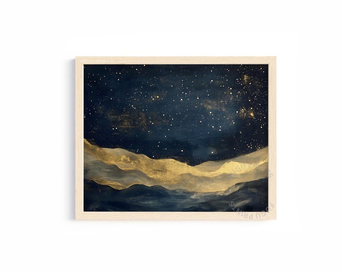 Gold Starry Night Print Abstract Mountain Landscape Wall Art Navy Blue Bedroom Decor 115