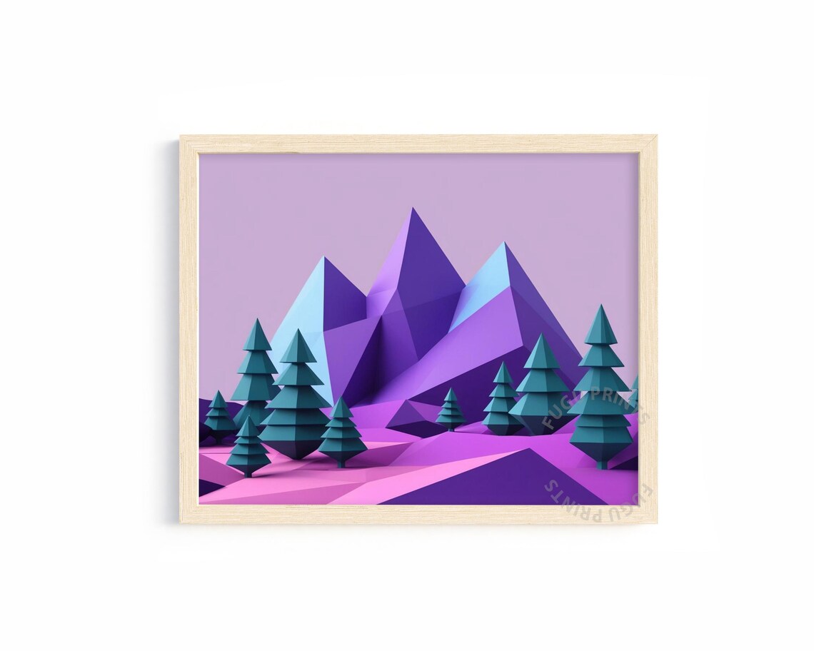 Geometric Christmas Art, Pastel Low Poly Mountain Scene