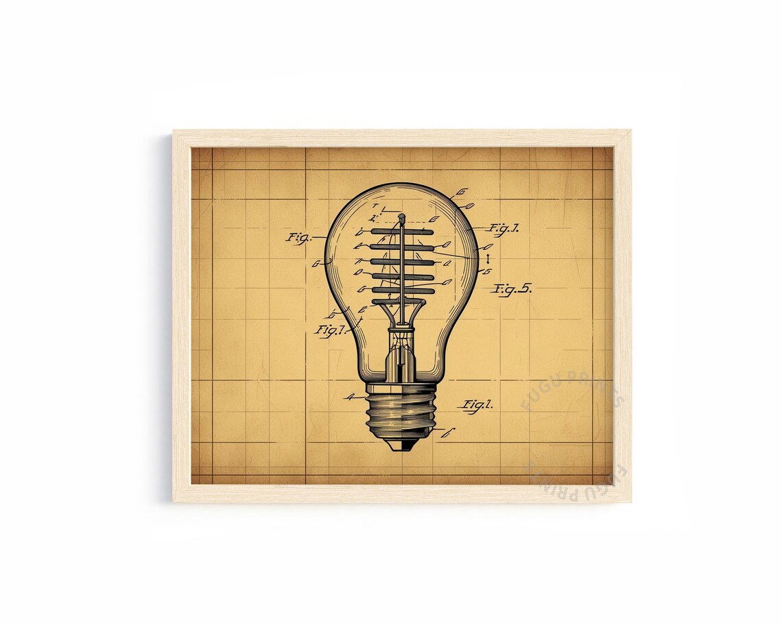 Light Bulb Patent Vintage Blueprint, Edison