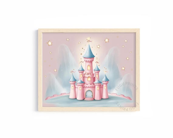 Pink Castle Print Nursery Wall Art Fairytale Castle Illustration Kids Room Decor Art 346