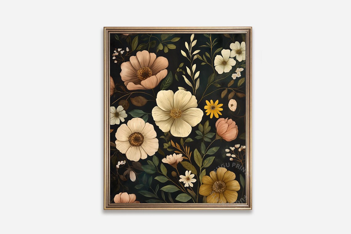 Dark Floral Print, Moody Botanical Wall Art