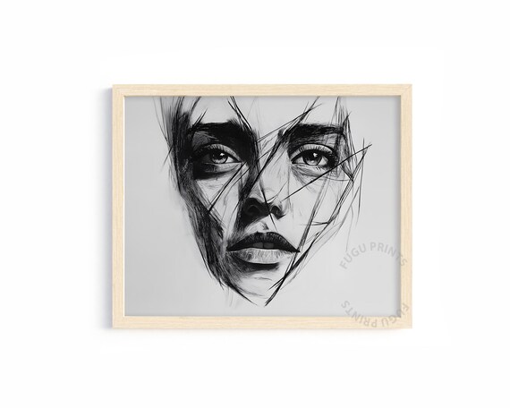 Black and White Charcoal Woman Face Expressive Pencil Sketch Print