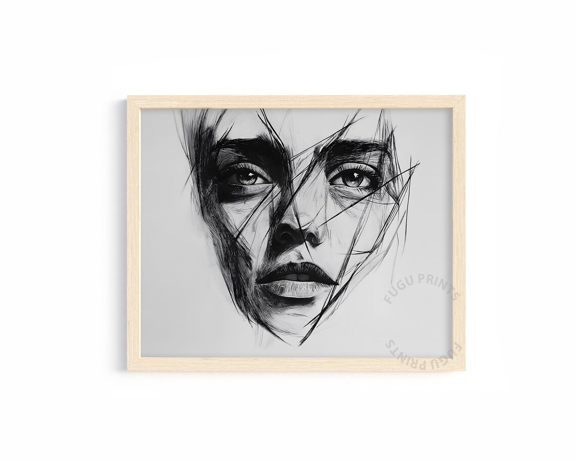 Black and White Charcoal Woman Face Expressive Pencil Sketch Print
