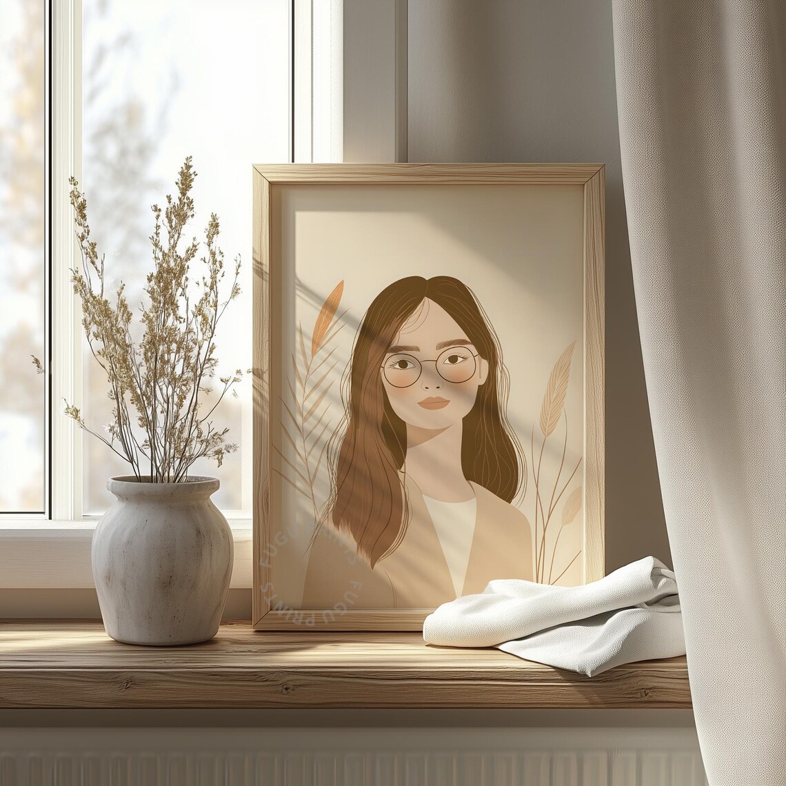 Boho Woman with Round Glasses Minimalist Neutral Tone Portrait Poster - Image 4