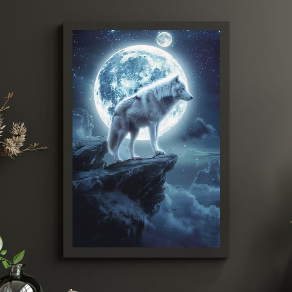White Wolf Fantasy Poster Full Moon Night Sky Forest Wildlife Decor