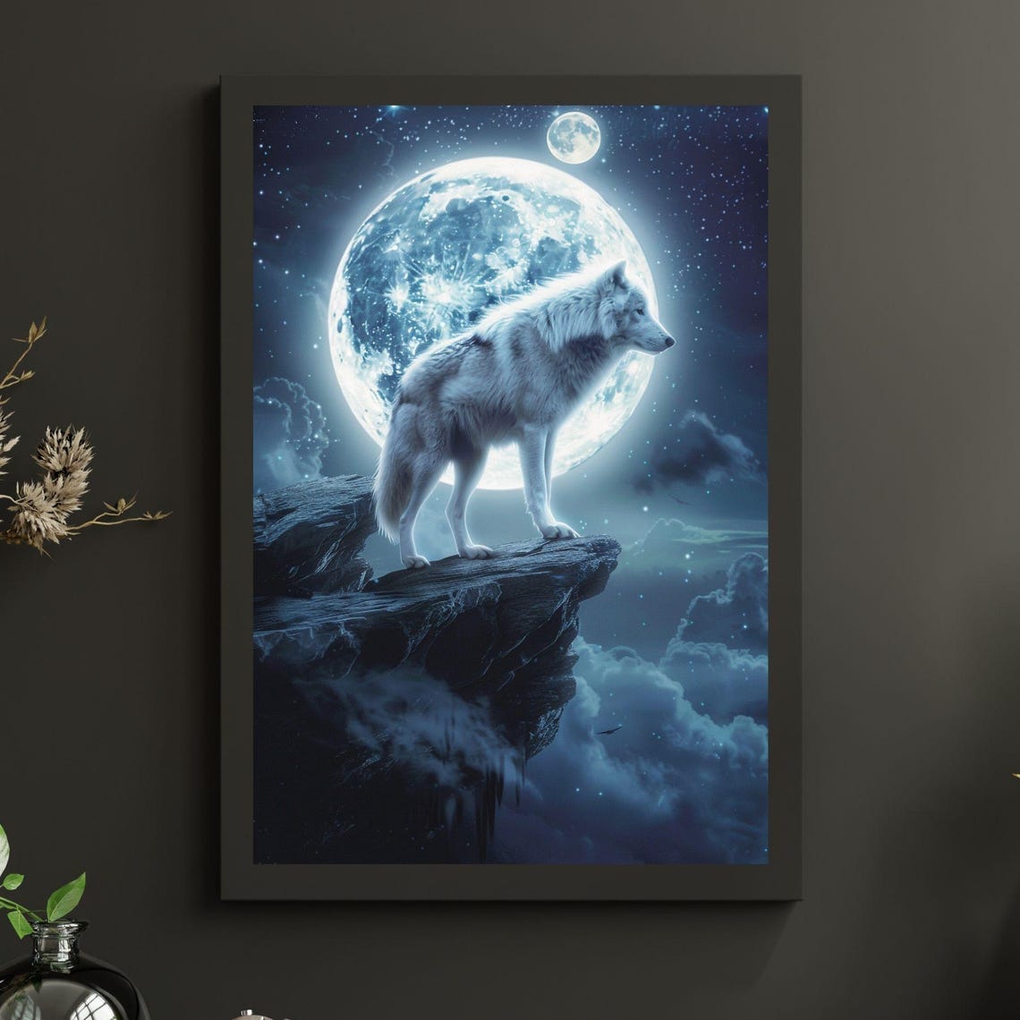White Wolf Fantasy Poster Full Moon Night Sky Forest Wildlife Decor