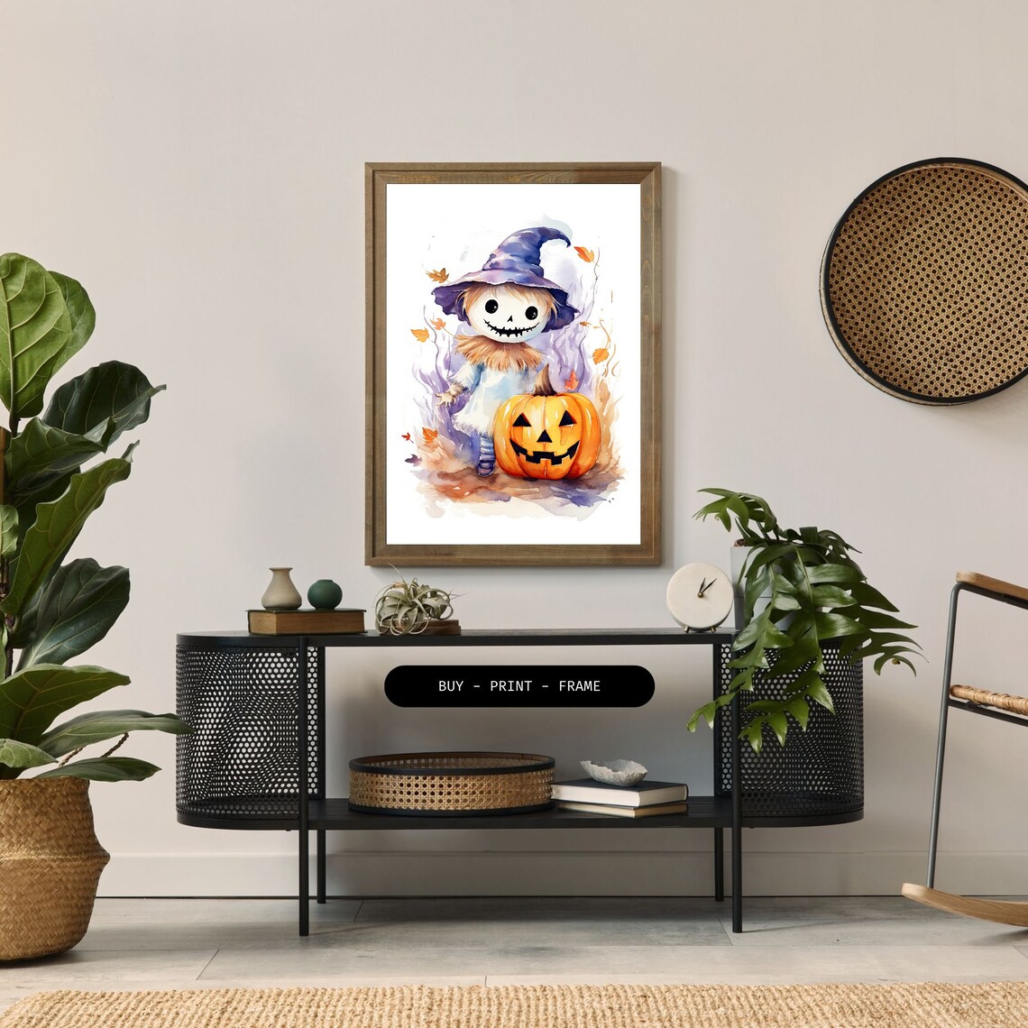 Cute Scarecrow Leaves Watercolor Art, Halloween Decor - Image 2