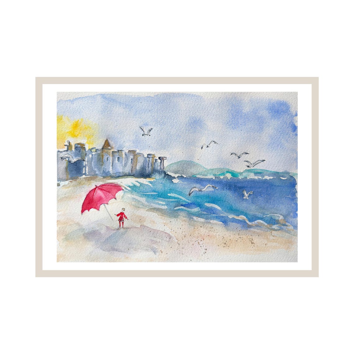 Saint Malo Brittany Beach Red Umbrella Watercolor Travel Poster