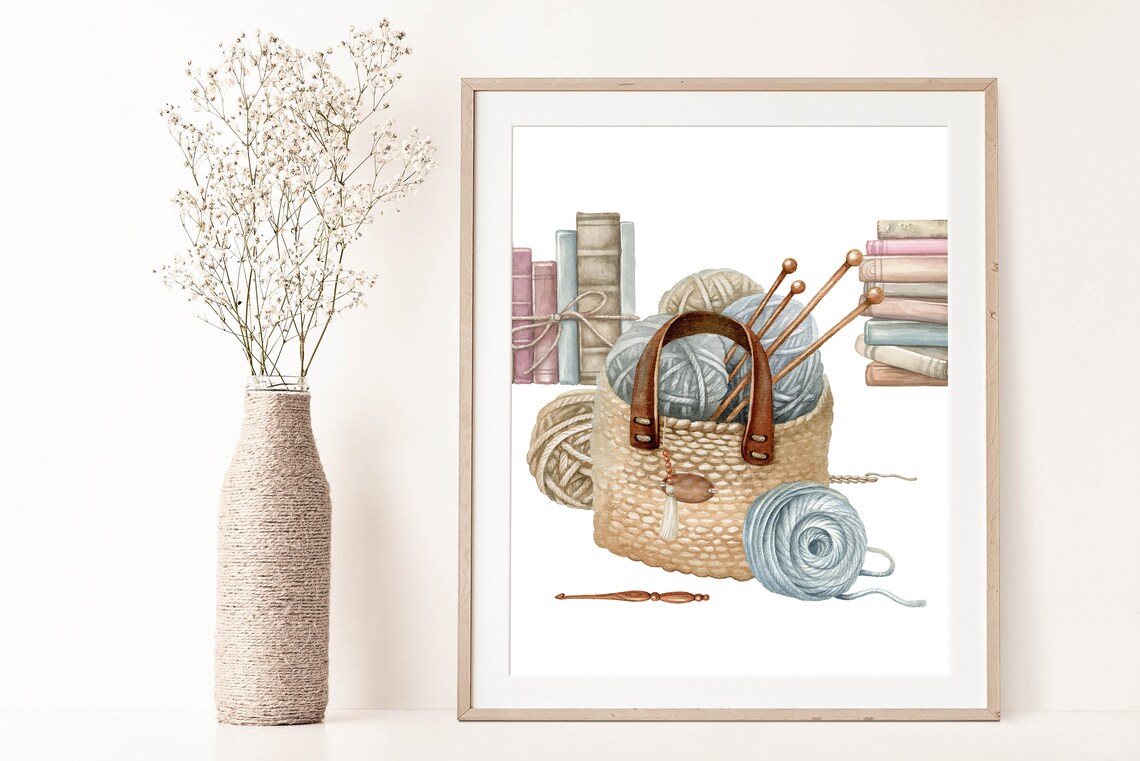 Watercolor Knitting Basket Yarn Needles Cozy Craft Room Wall Art - Image 3