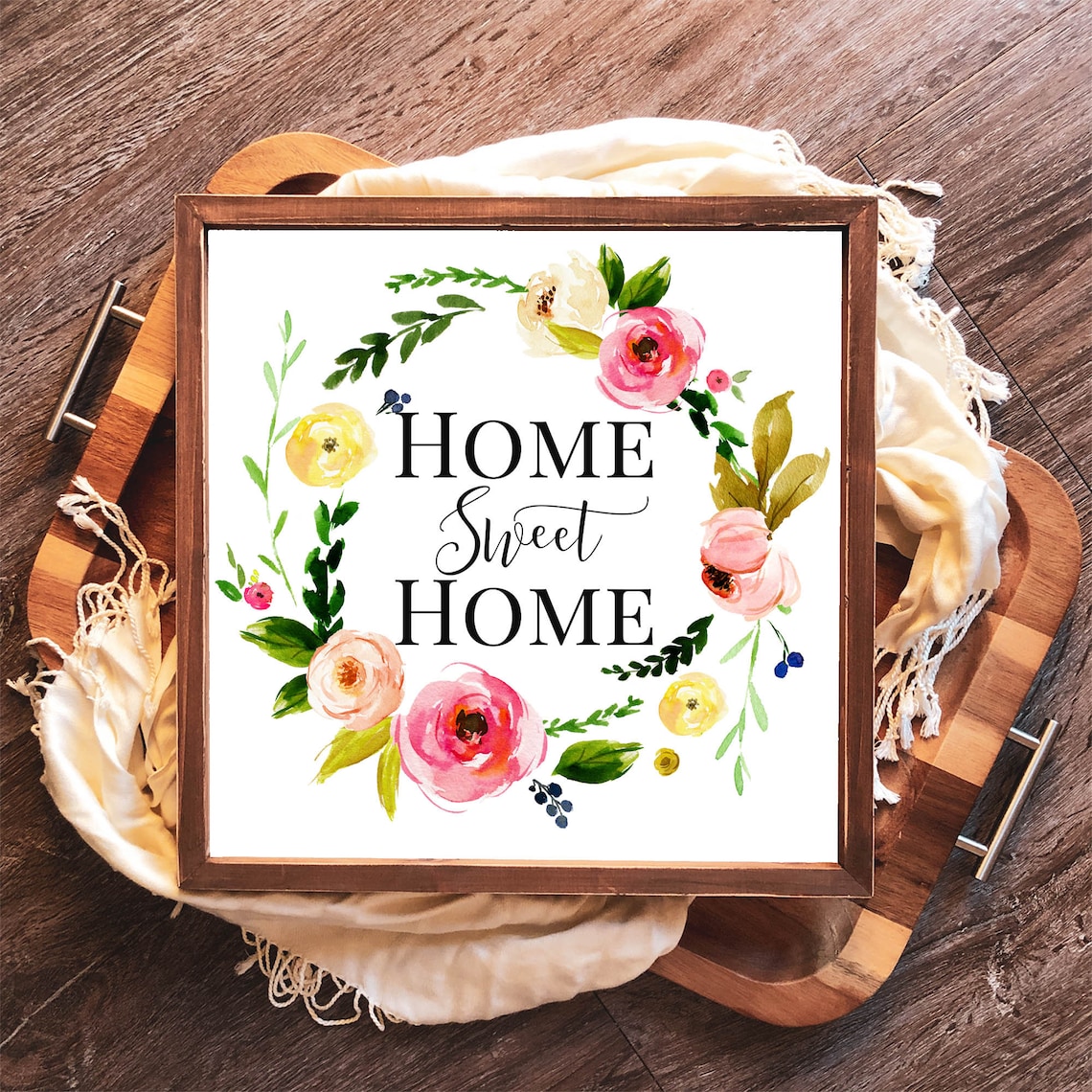 Home Sweet Home Square Floral Wreath Art Print
