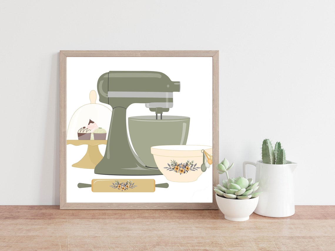 Sage Green Stand Mixer Baking Kitchen Illustration Floral Bowl Poster - Image 7