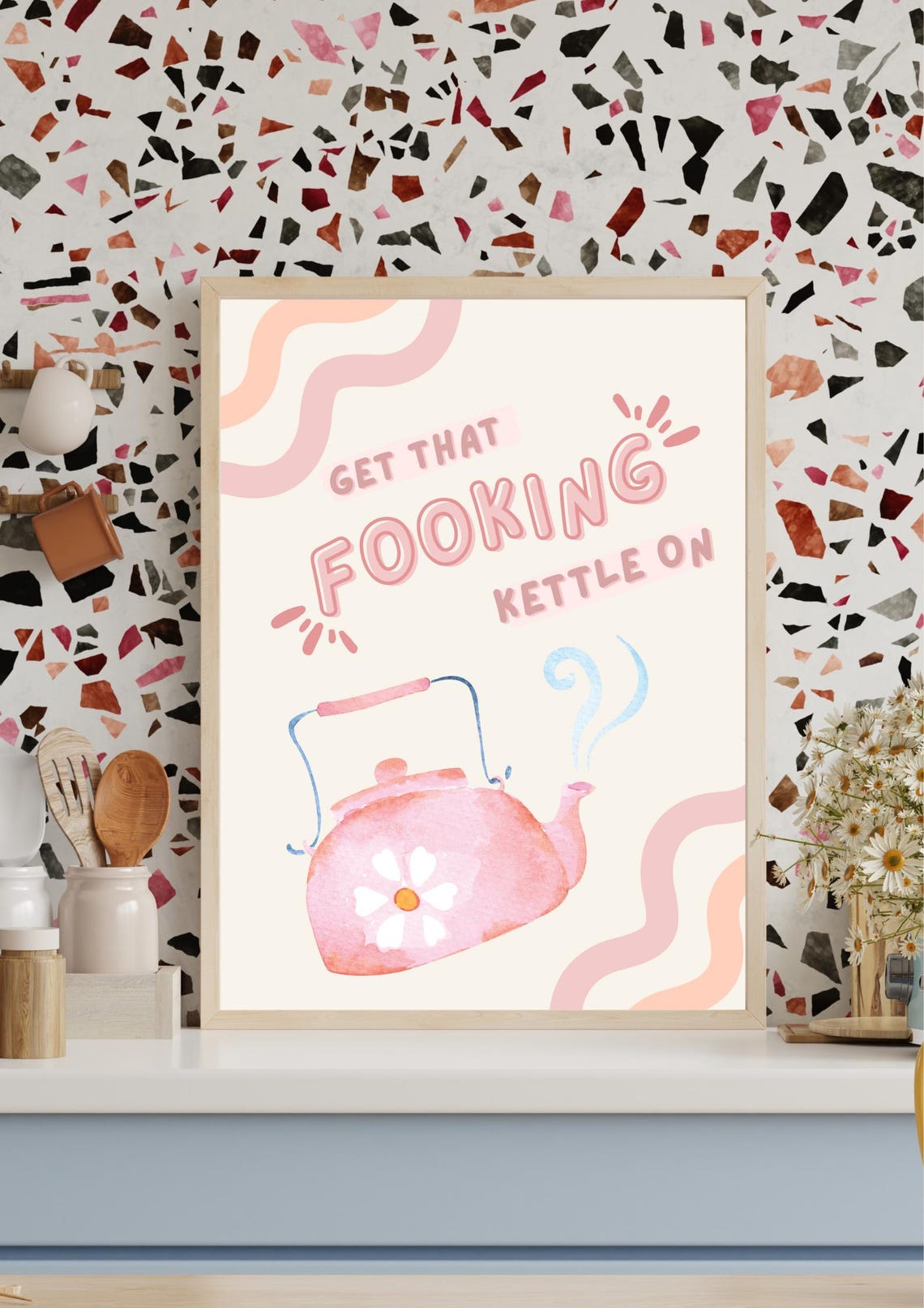 Get That Fooking Kettle On Retro Pink Teapot Kitchen Wall Poster